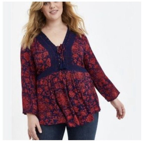 Torrid Red Navy Blue Lace Tassel Crinkle Long Sleeve Blouse Top Women’s Large - Picture 1 of 12